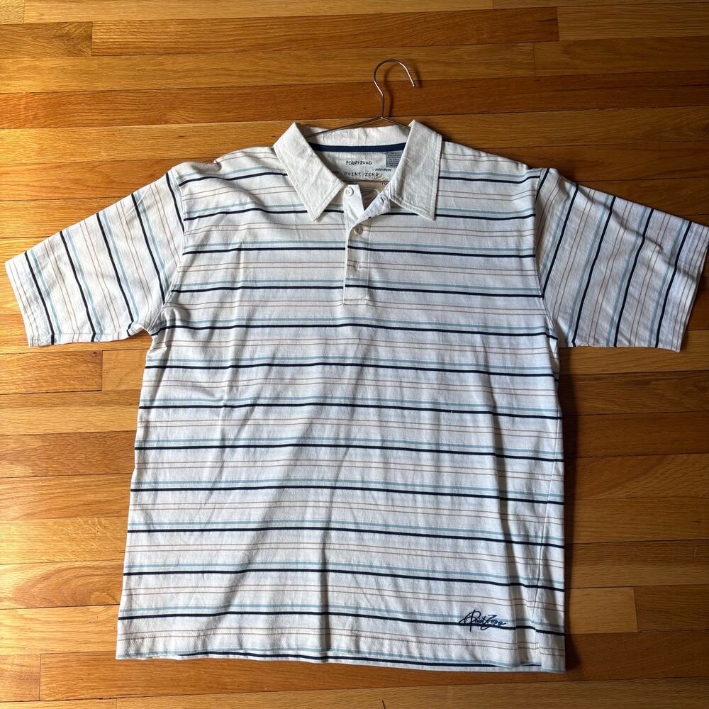 Point Zero Men’s Large Short Sleeve Men’s Polo White/ blue Spring Summer y2k 90s